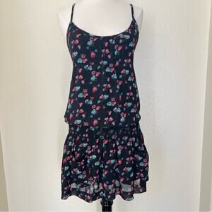 American Eagle floral drop waist mini dress black blue red print tie back